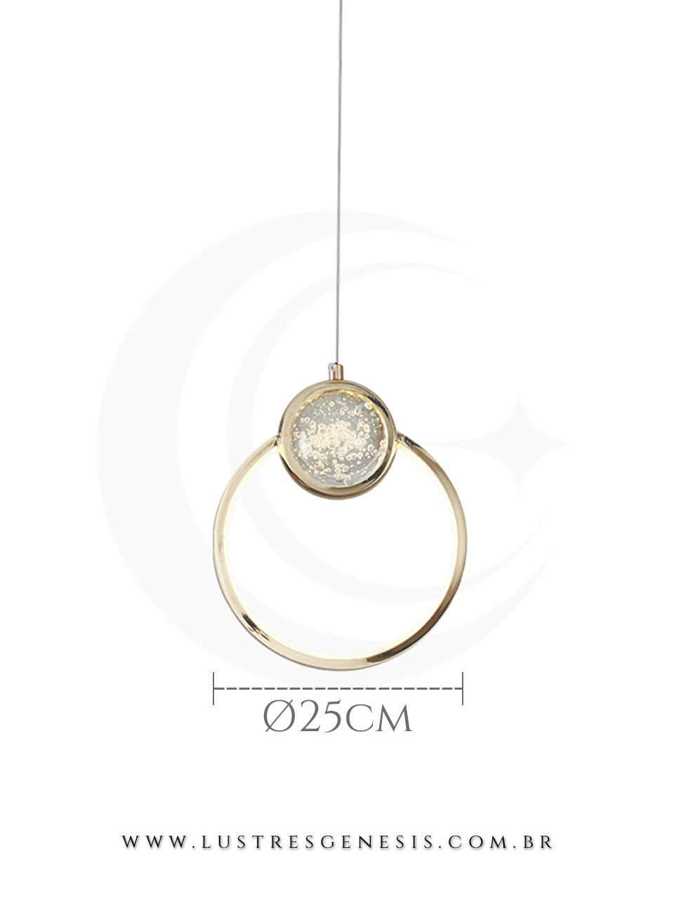 Pendente LED Moderno Metal Dourado e Cristal &Oslash;25cm 14W Bivolt 3000K, Banheiro, Lavabo, Bancada de Cozinha, Cabeceira